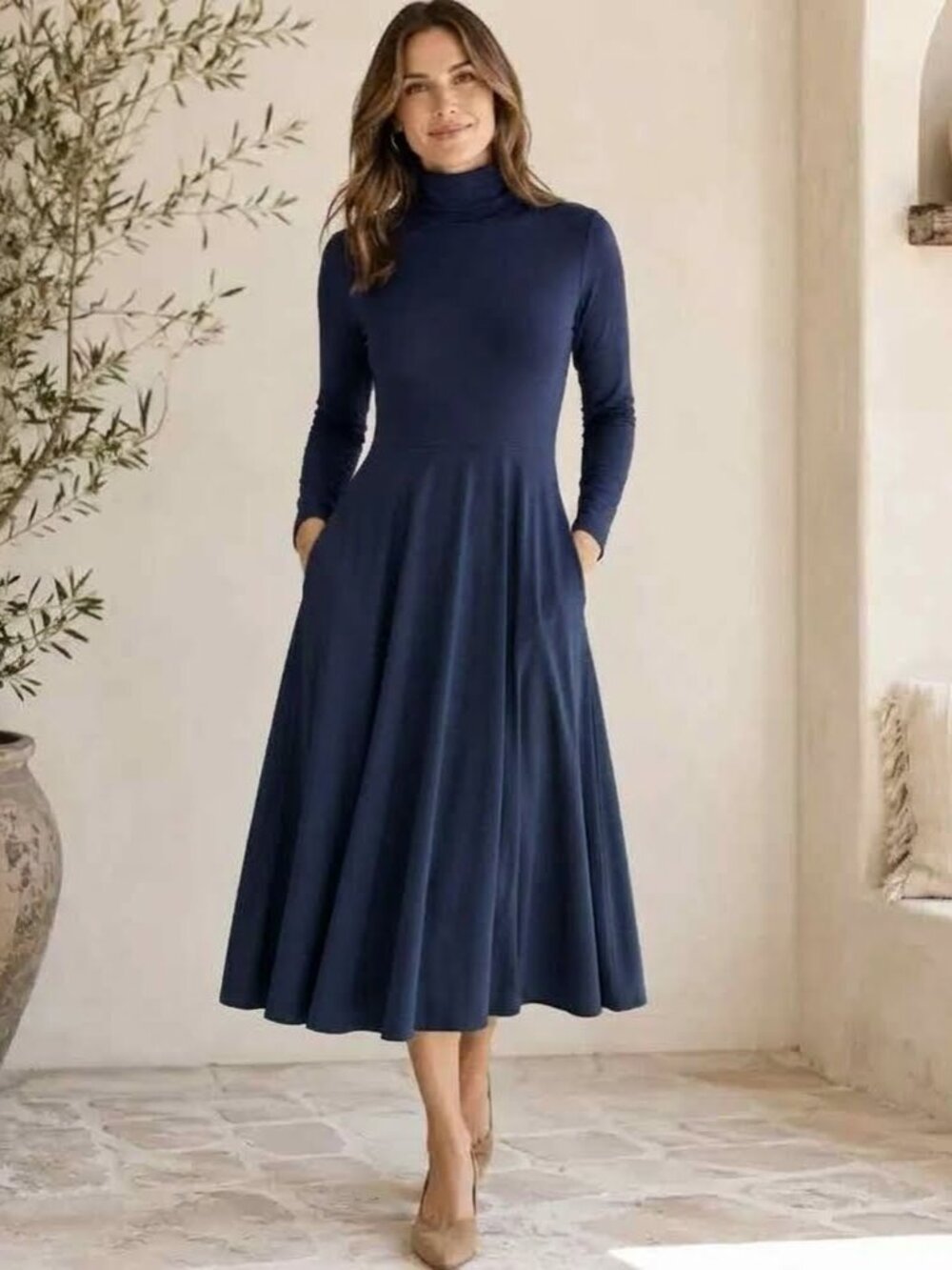 Peruvian‎ Connection NWOT Ariana Jersey Turtleneck Midi Dress Size S in Navy - Picture 2 of 10